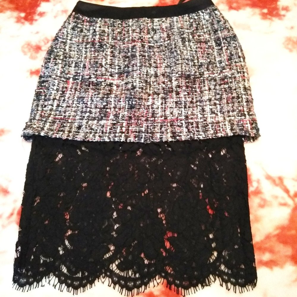 English Factory Tweed Pencil Skirt Lace Bottom